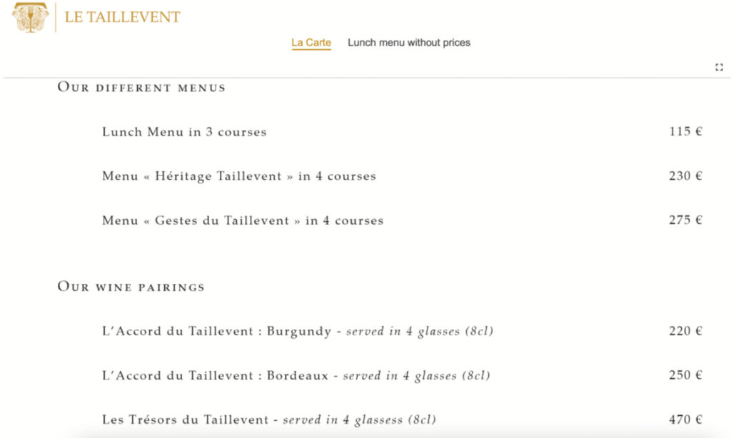 Menu of Le Taillevent restaurant