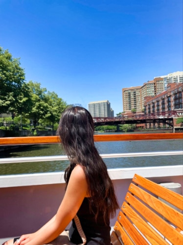 The author Lea Rose Allbaugh, enjoying the view from the architecture river cruise in Chicago