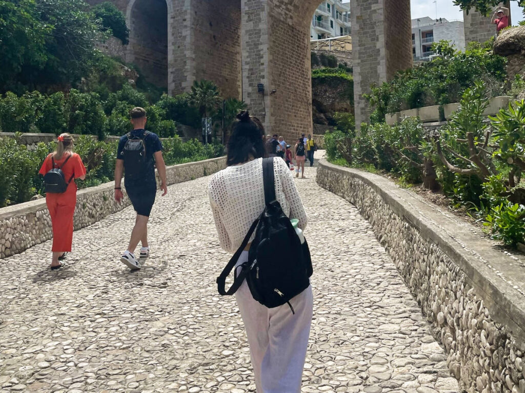 The author Lea Rose Allbaugh, walking with her daypack