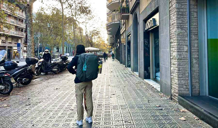 The author Lea Rose wearing the Peak Design Travel Backpack in the downtown area