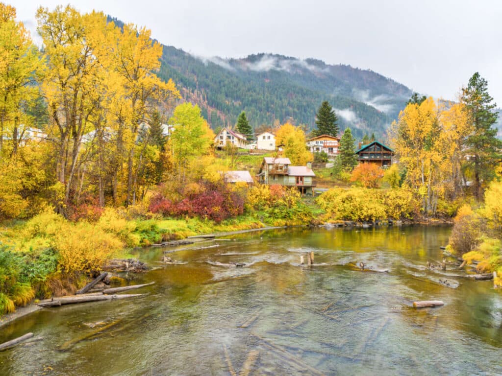 view of the fall foliage around the river with mountain views in the background