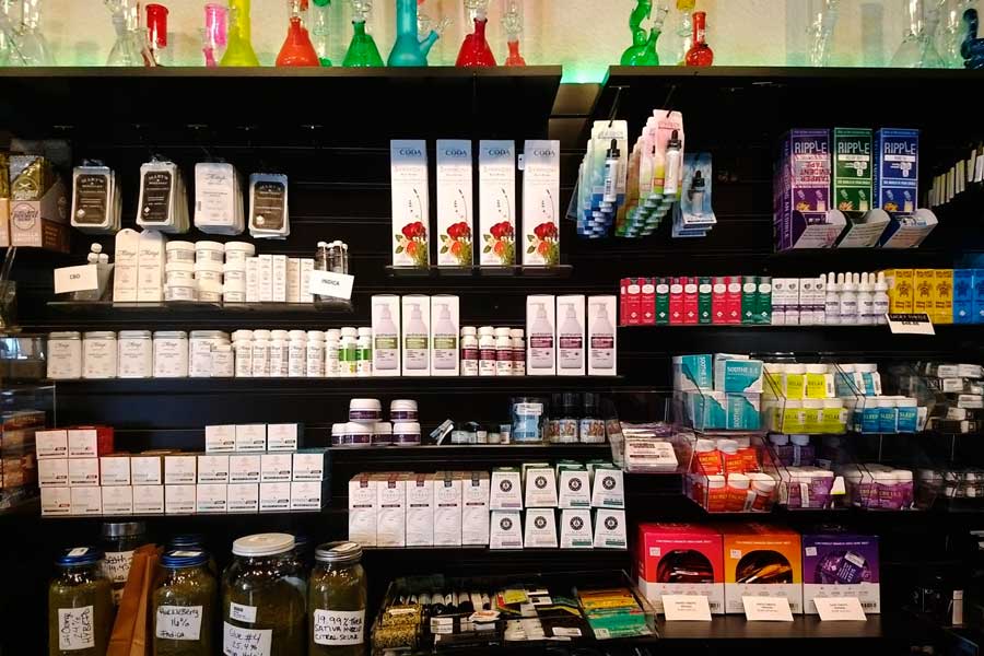 View of legal dispensary on a shelf in Denver