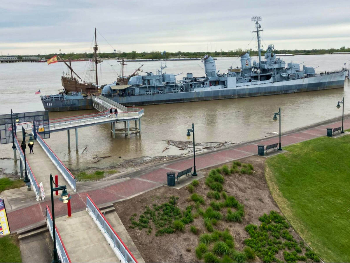 Top view of the levee trail and the USS Kidd on the river