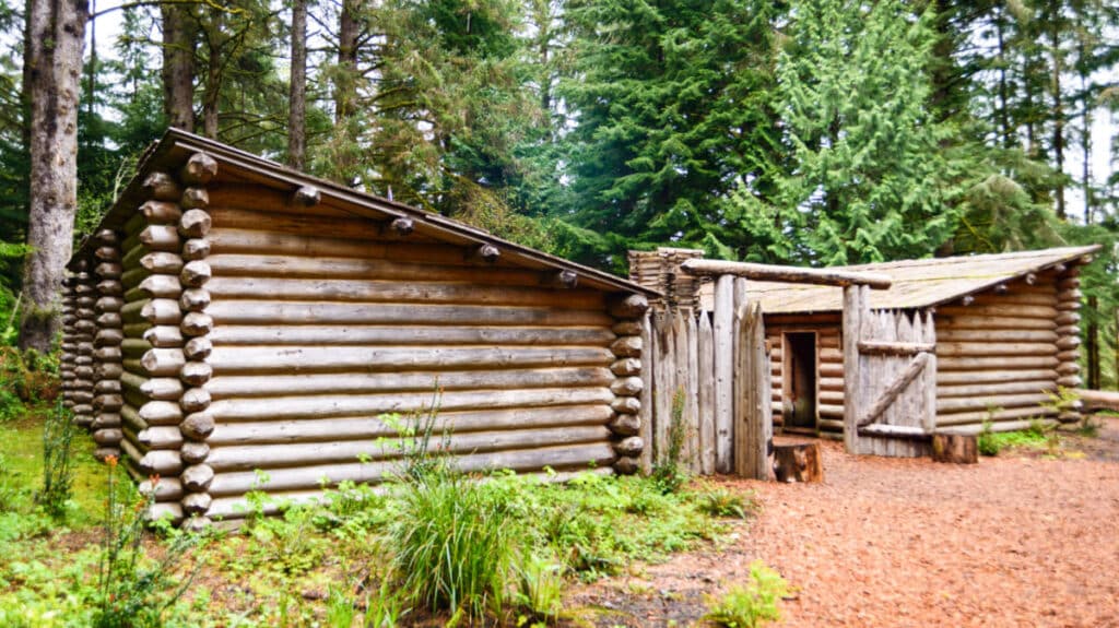 A wooden cabin and shed at Lewis & Clark National Historical Park