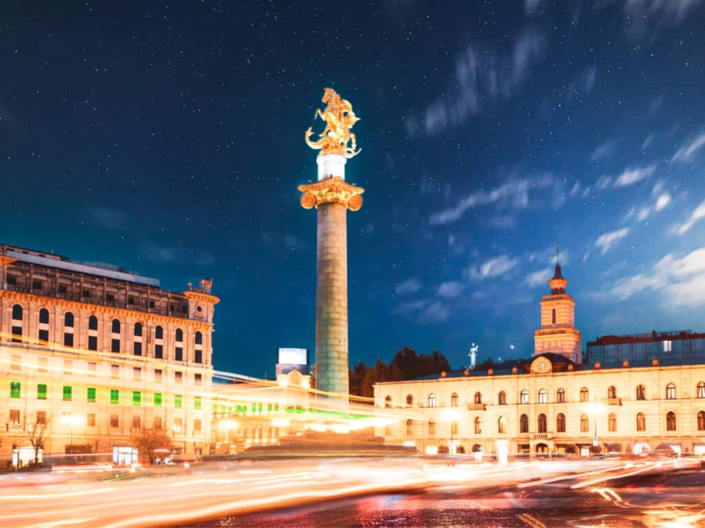 View of the Liberty Monument and the buildings around the city center of Tbilisi