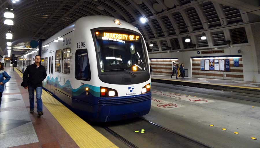 View of a monorail at a station in Seattle