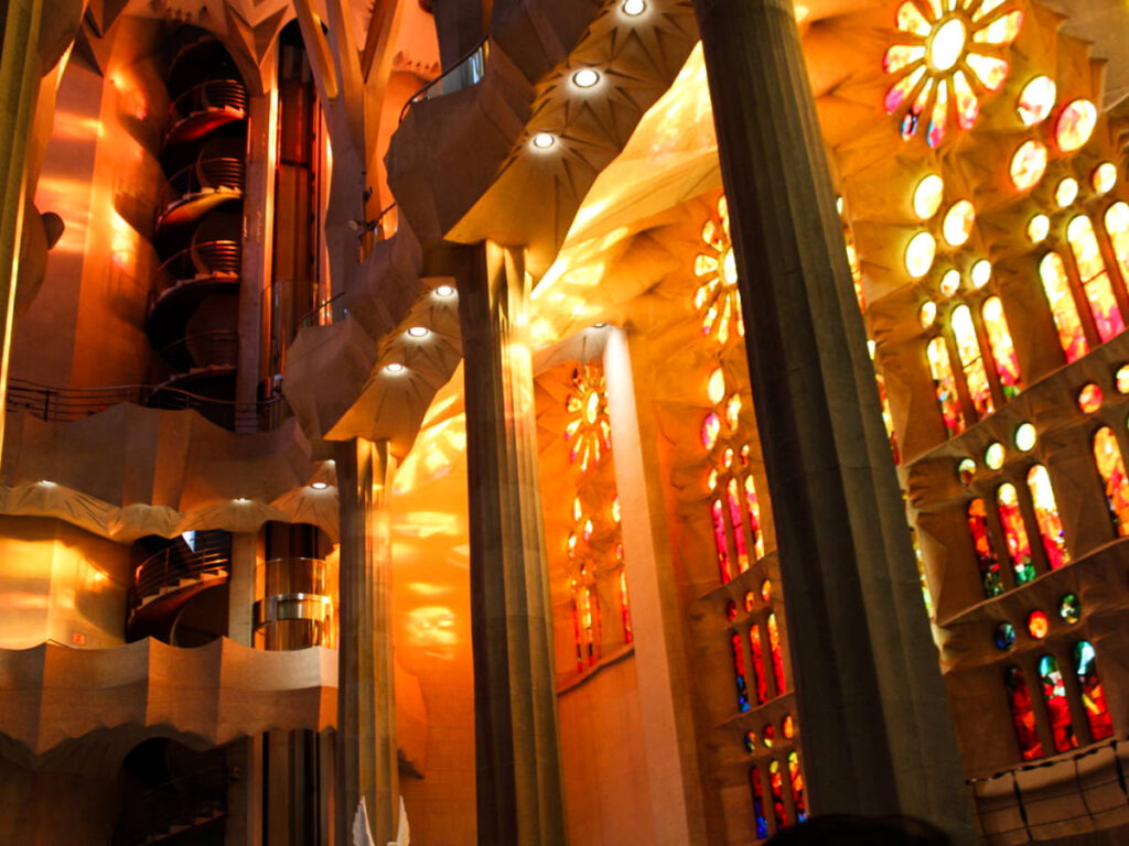 View of the reflection of the light coming through from the stained glass windows in La Sagrada Familia