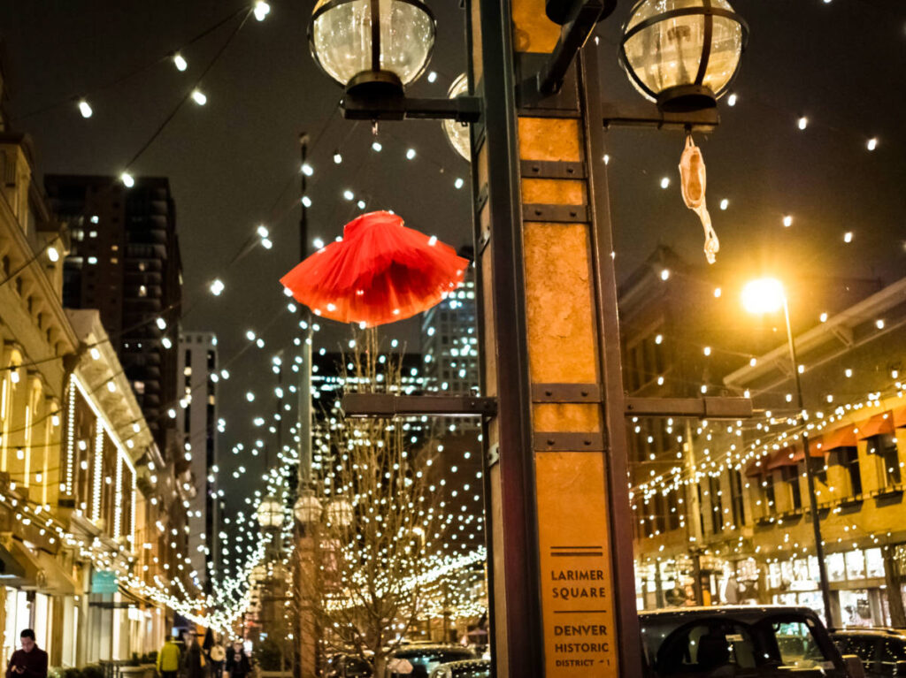 View of the holiday lights around the Denver’s Larimer Square illuminated at night