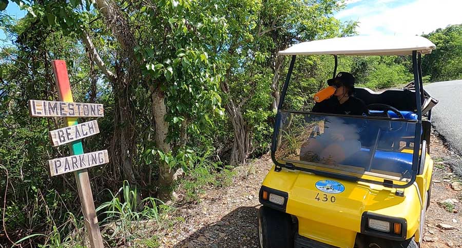 The author's wife riding a golf cart
