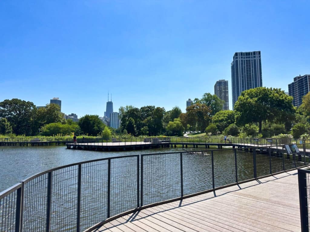 View of the Chicago skyline from Lincoln Park with a clear blue sky in the background