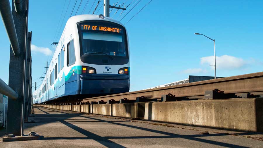 The Link Light Rail under the clear blue sky in Seattle