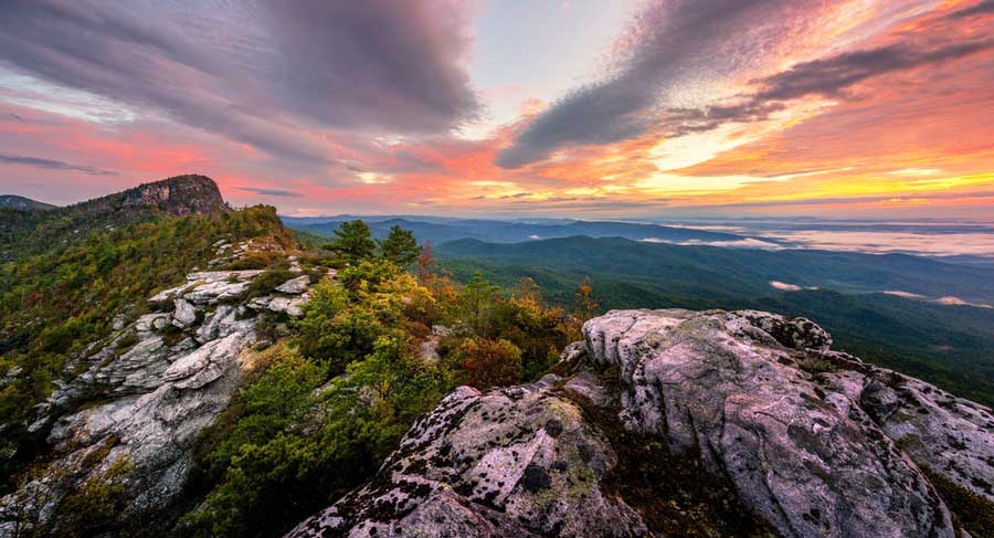 The colorful sky over Linville Gorge during sunset