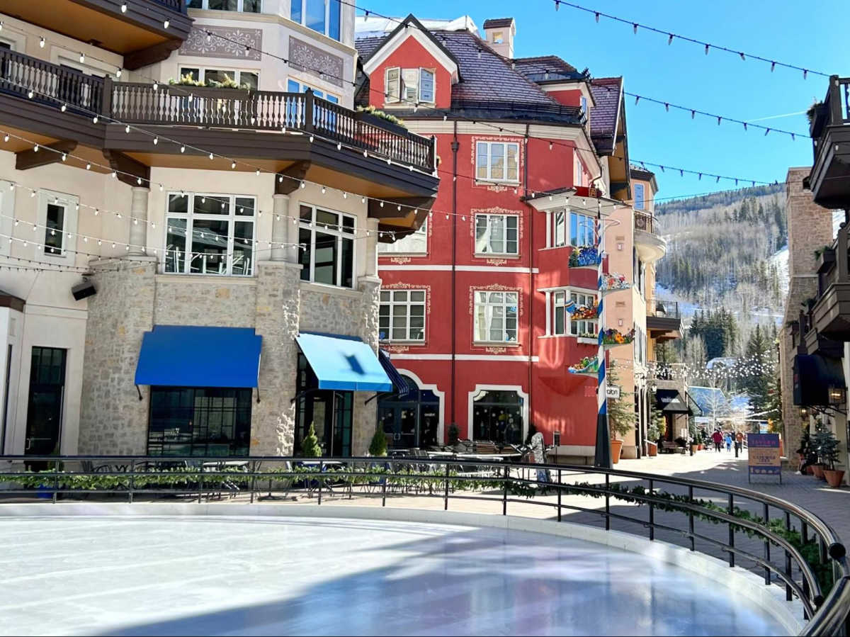 View of an ice rink in the middle of Lionshead Village