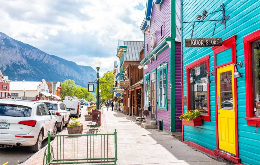 View of the colorful stores lined along the street