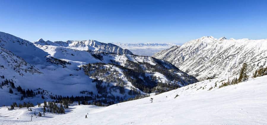 Panoramic view of the snow covered Little Cottonwood Canyon