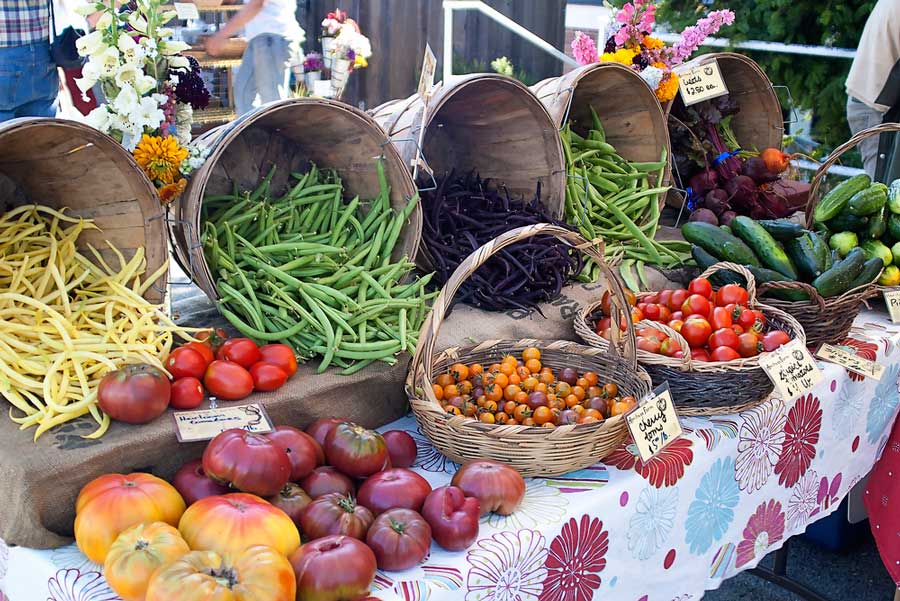 Different types of vegetables displayed on a table in a market