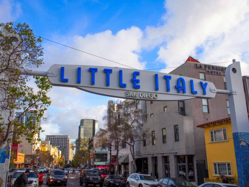 The sign for the entrance to Little Italy in San Diego