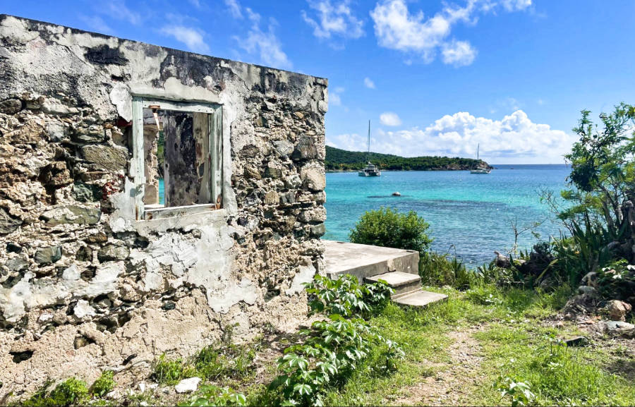 View of the ruins and beach at Little Lameshur Bay on St. John