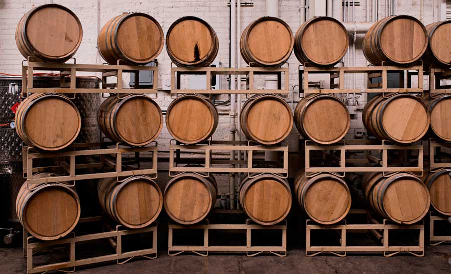 View of barrels in a distillery