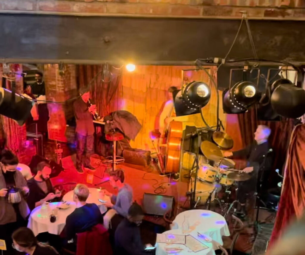 Overlooking view of the stage with a live jazz performance
