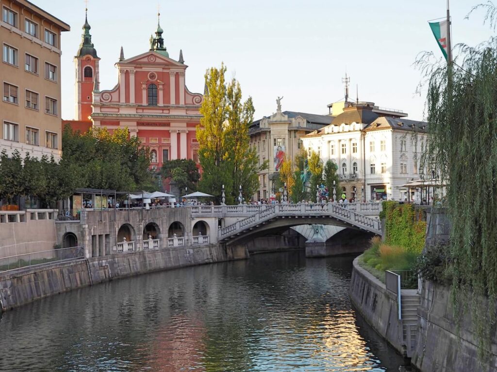 View of the historic architecture along the canals of Ljubljana