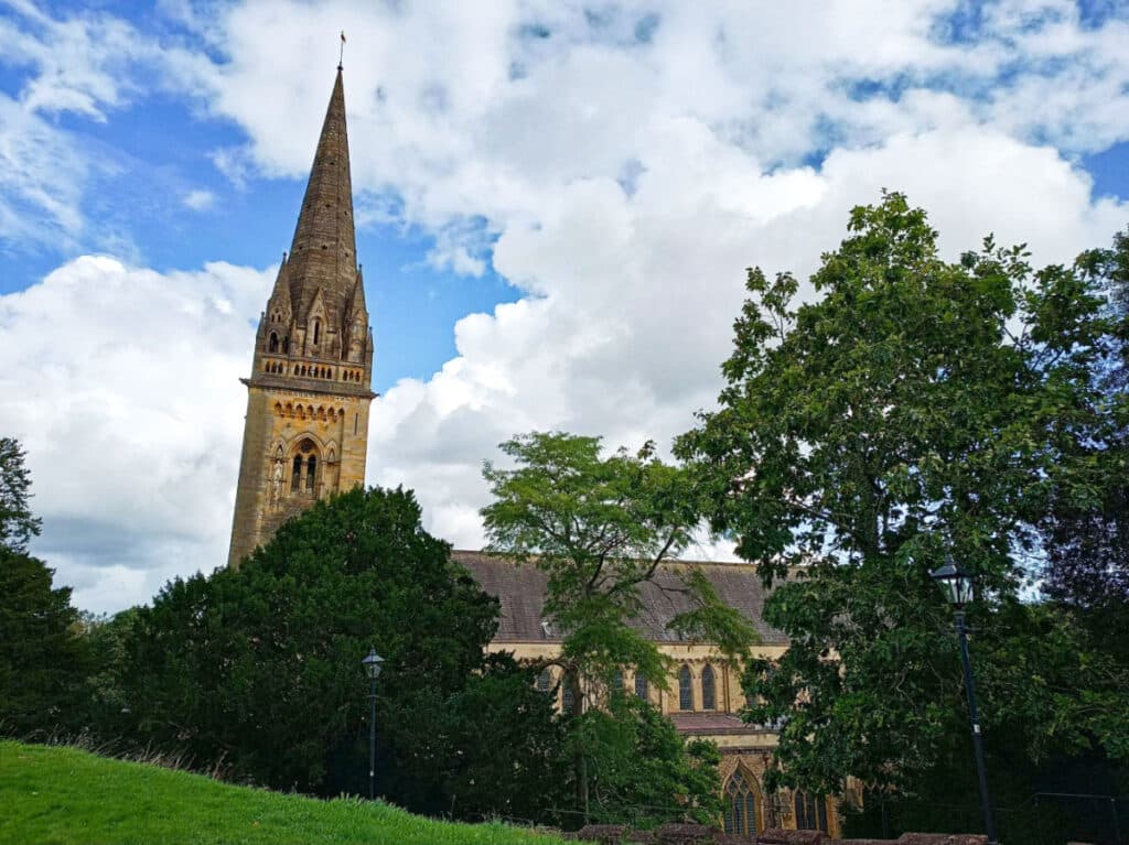 View of the tower of Llandaff Cathedral behind the trees
