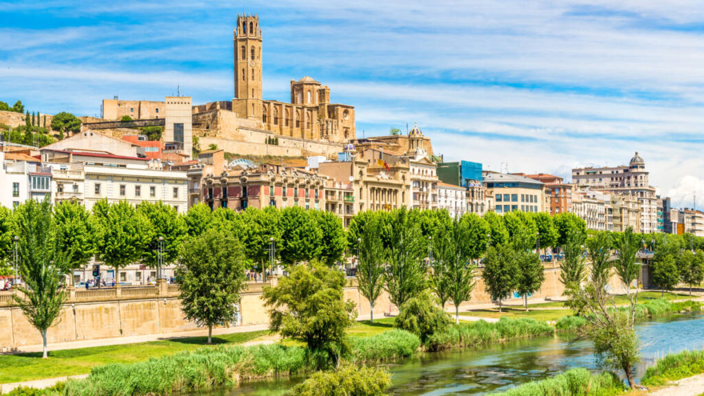Exterior view of the Old Cathedral Seu Vella with Segre river in Lleida