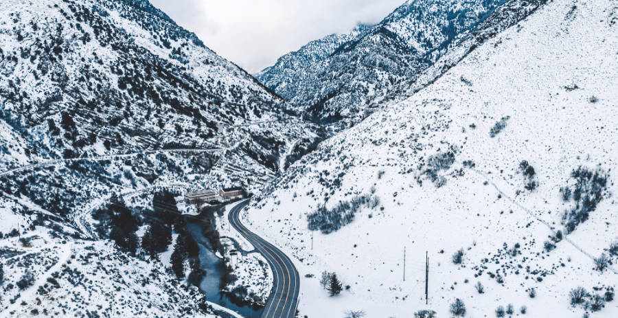 Aerial view of the snow covered Logan Canyon