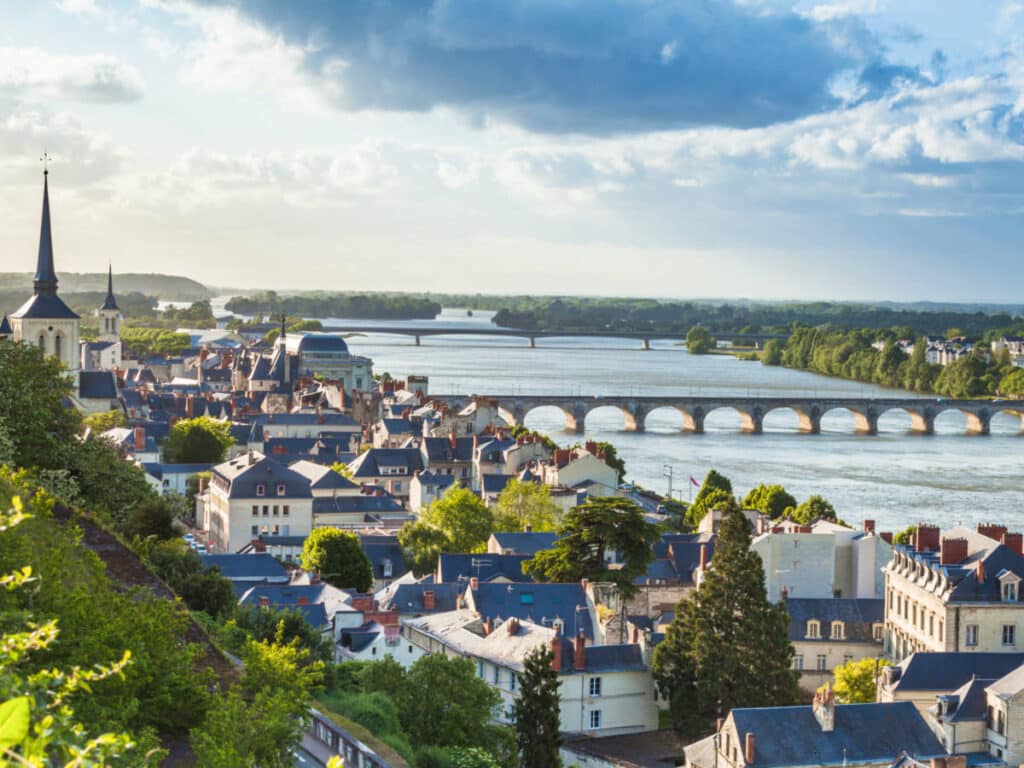 Scenic overlooking view of the houses and bridge in Loire Valley