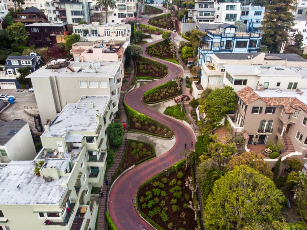 Aerial view of the twist and turns of Lombard Street in San Francisco
