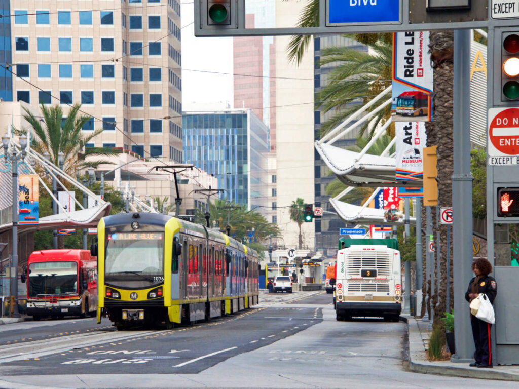 The buses along the road in Long Beach