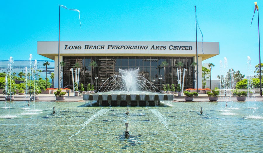 The Long Beach Performing Arts Center and a fountain in front of it
