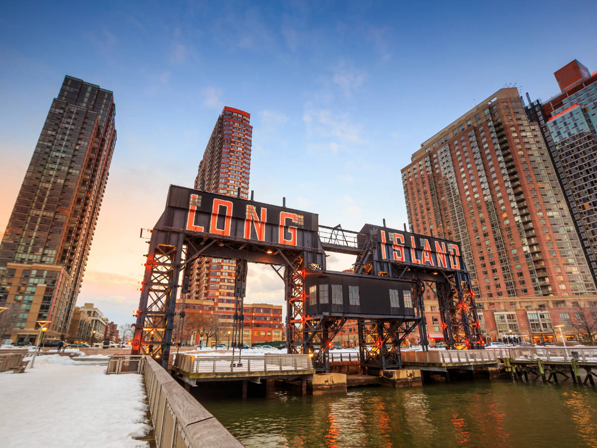Clear blue sky over the Long Island City