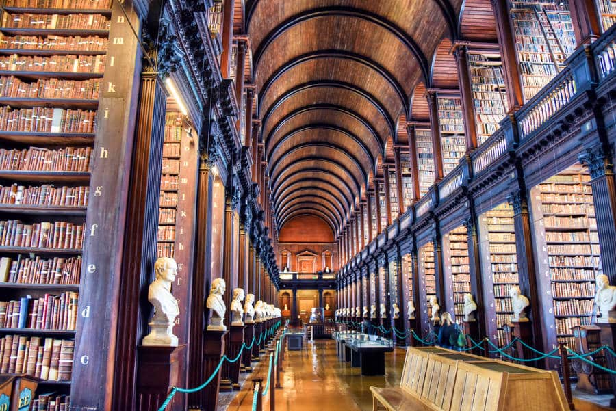 View of the displayed books in the Long Room in Trinity College Library