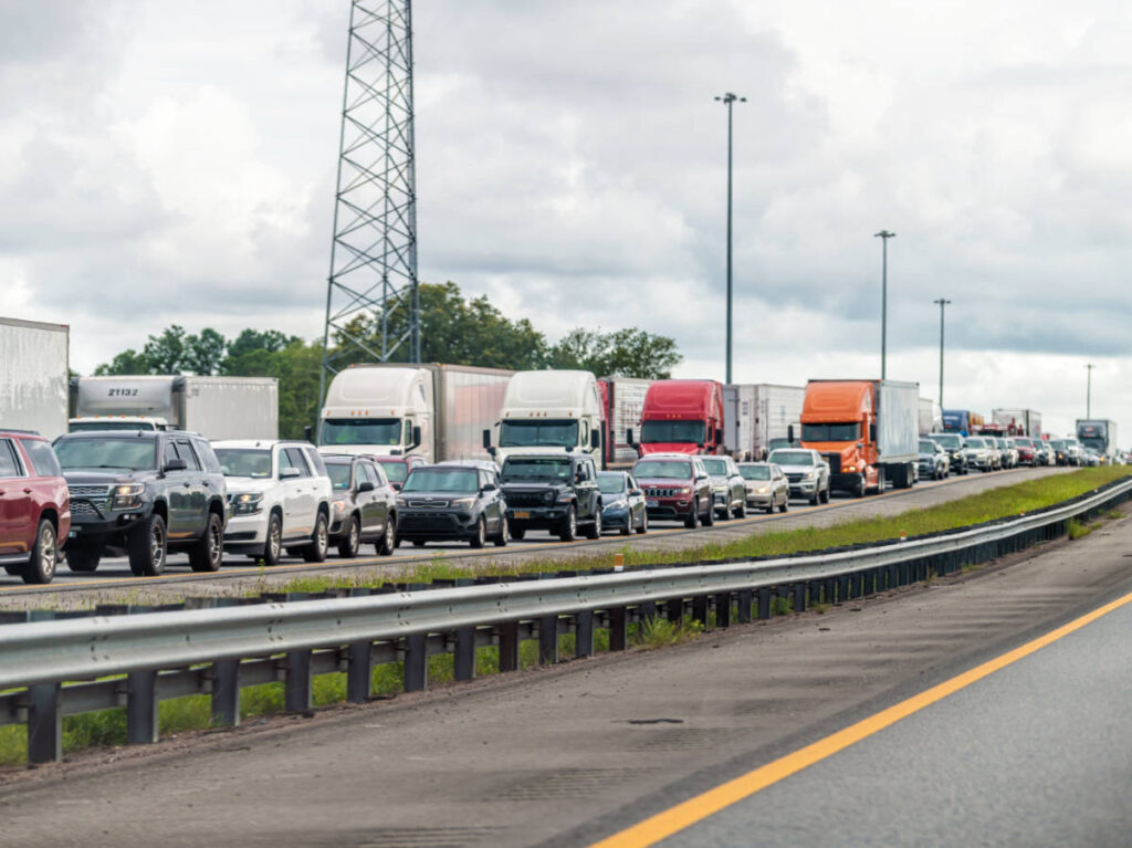 View of the different vehicles on a long traffic jam near Jacksonville