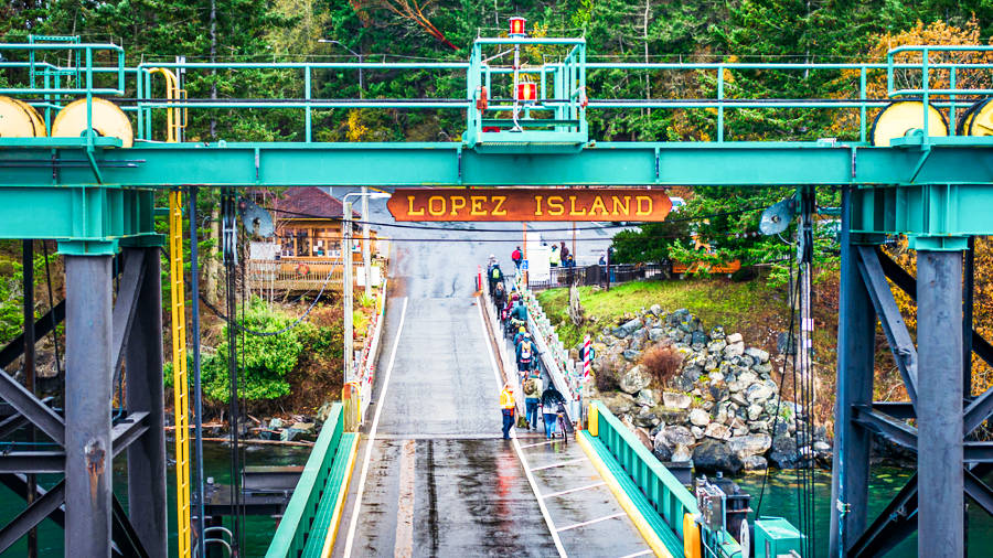 View of people walking through the ferry terminal on Lopez Island