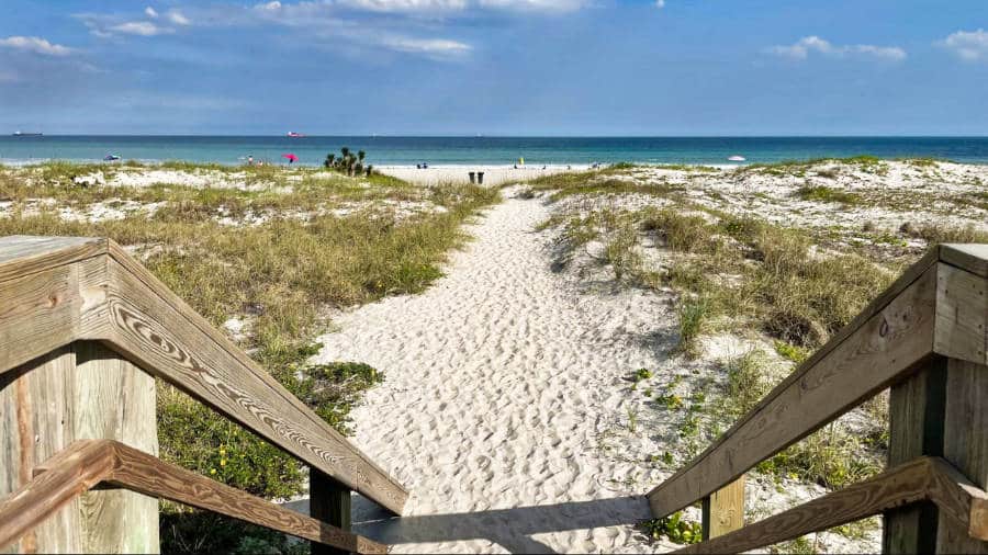 View of the Atlantic Ocean from the footbridge leading to the beach