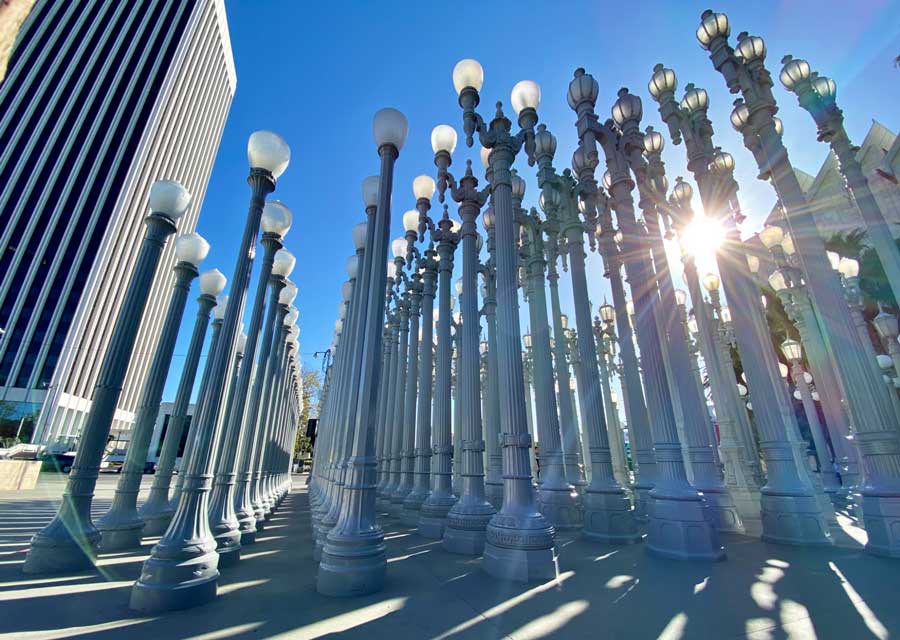 View of urban light in front of Los Angeles County Museum of Art during a sunny morning