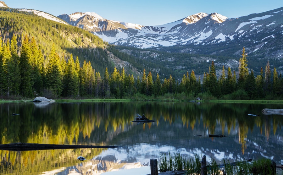 View of sunrise on lost lake in Nederland