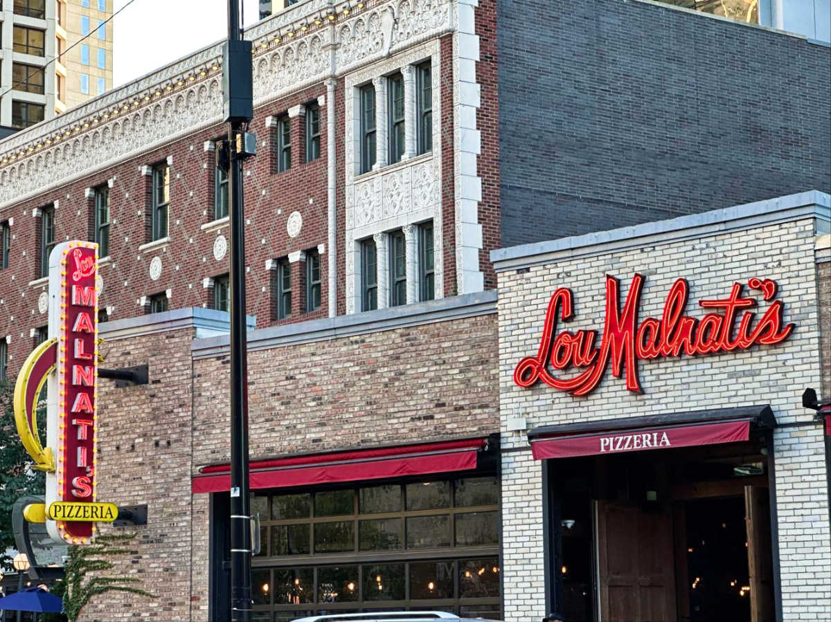 View of the signage on the exterior of Lou Malnati’s Pizzeria