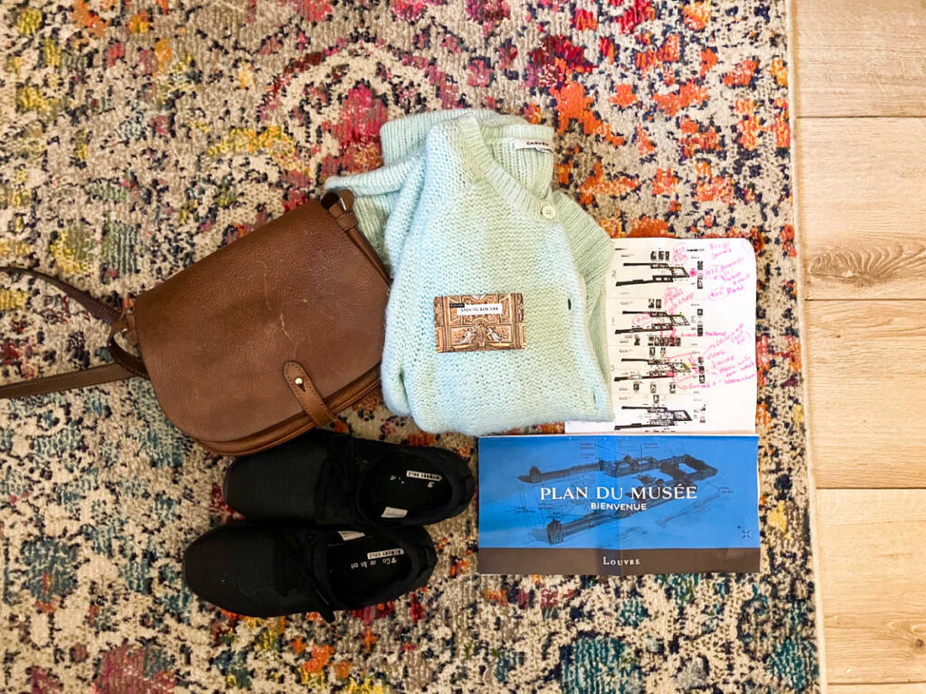 A bag, walking shoes, cardigan, and plan to Louvre