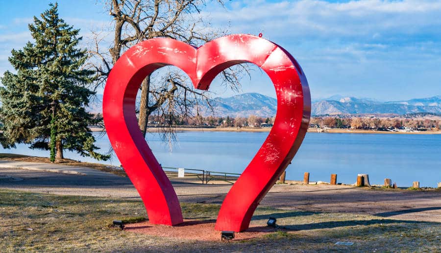 Big heart sculpture along the shoreline of Lake Loveland