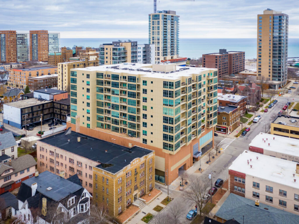 Aerial view of 1550 East Royall Place including North Farwell Avenue and the east side