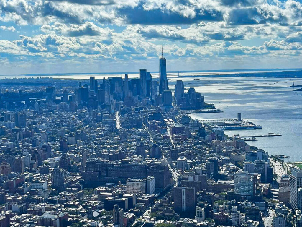 Aerial view of Lower Manhattan and Hudson River from the Edge