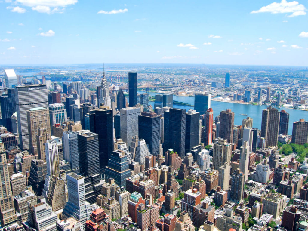 Aerial view of the waterfront skyscrapers in New York City