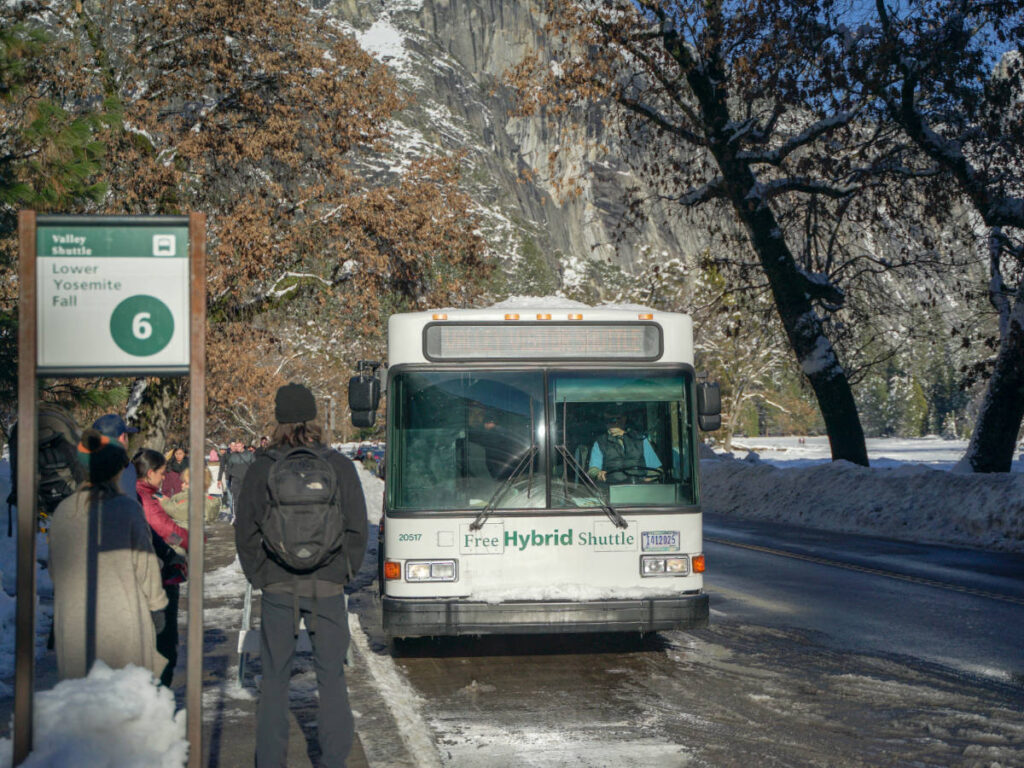 People waiting for the free shuttle in Lower Yosemite Fall