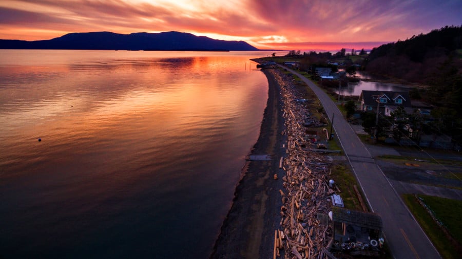 Aerial View of Legoe Bay and Orcas Island at sunset