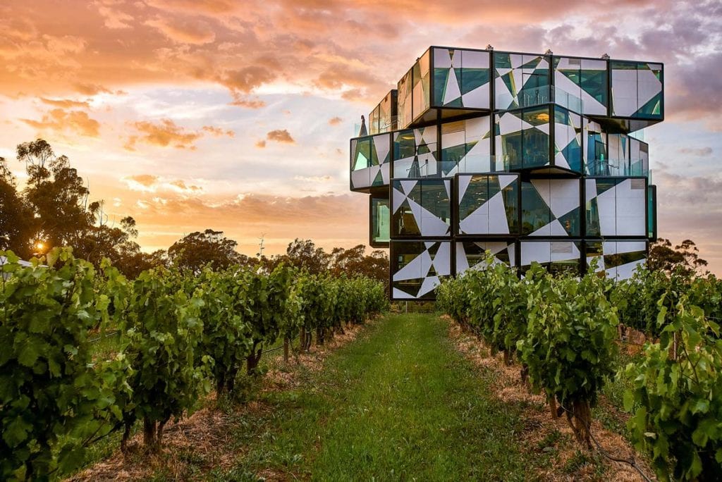 View of the unique d'Arenberg building in Mclaren Vale at sunset