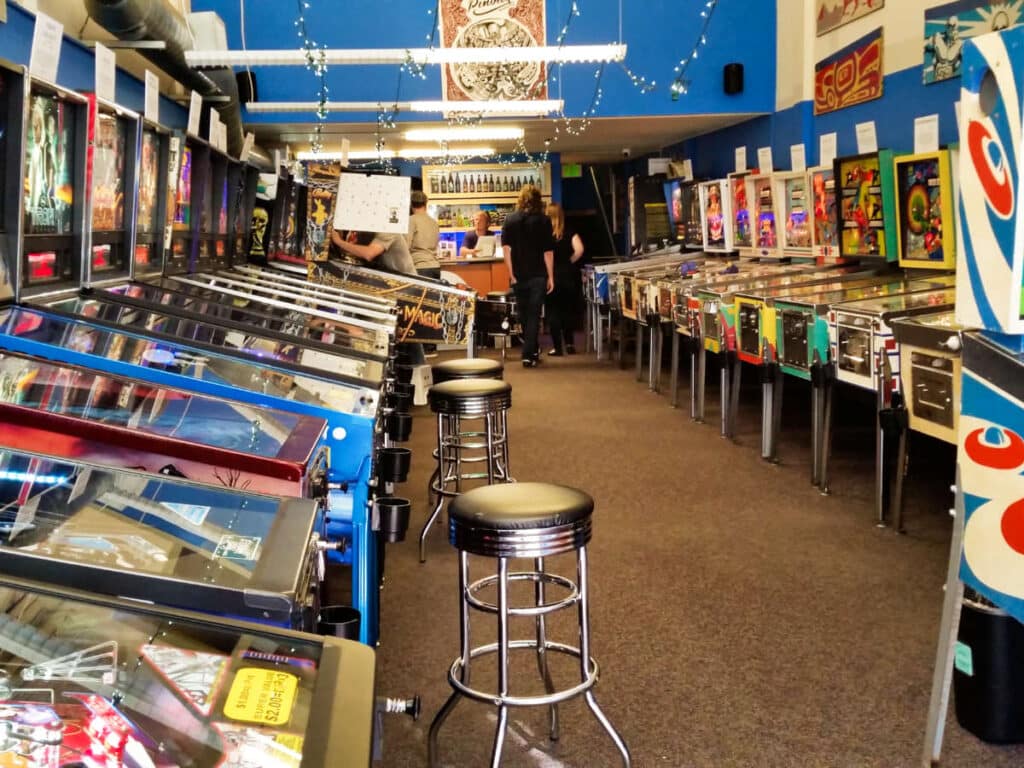 View of the pinball machines inside the Seattle Pinball Museum