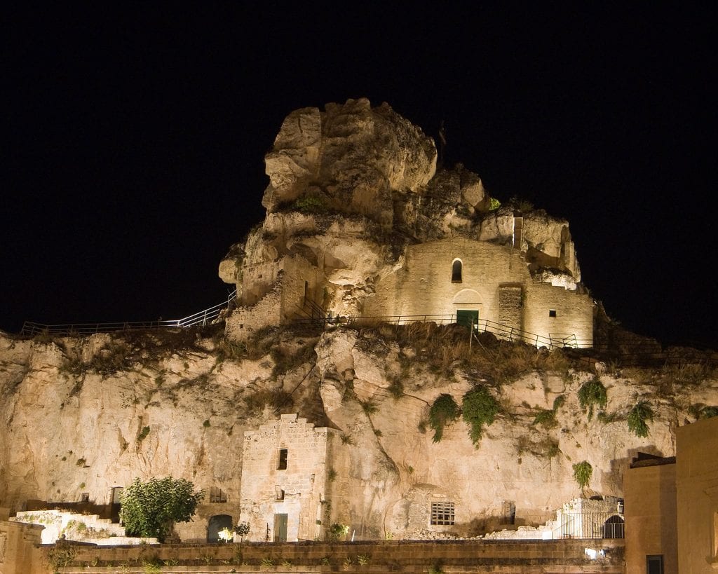 View of Madonna de Idris rock-church at night